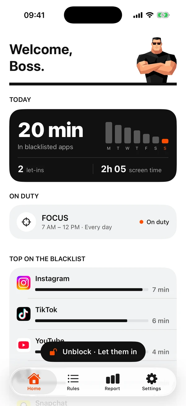 Bouncer Home with demo data: 20 minutes in blacklisted apps and a declining weekly trend.
