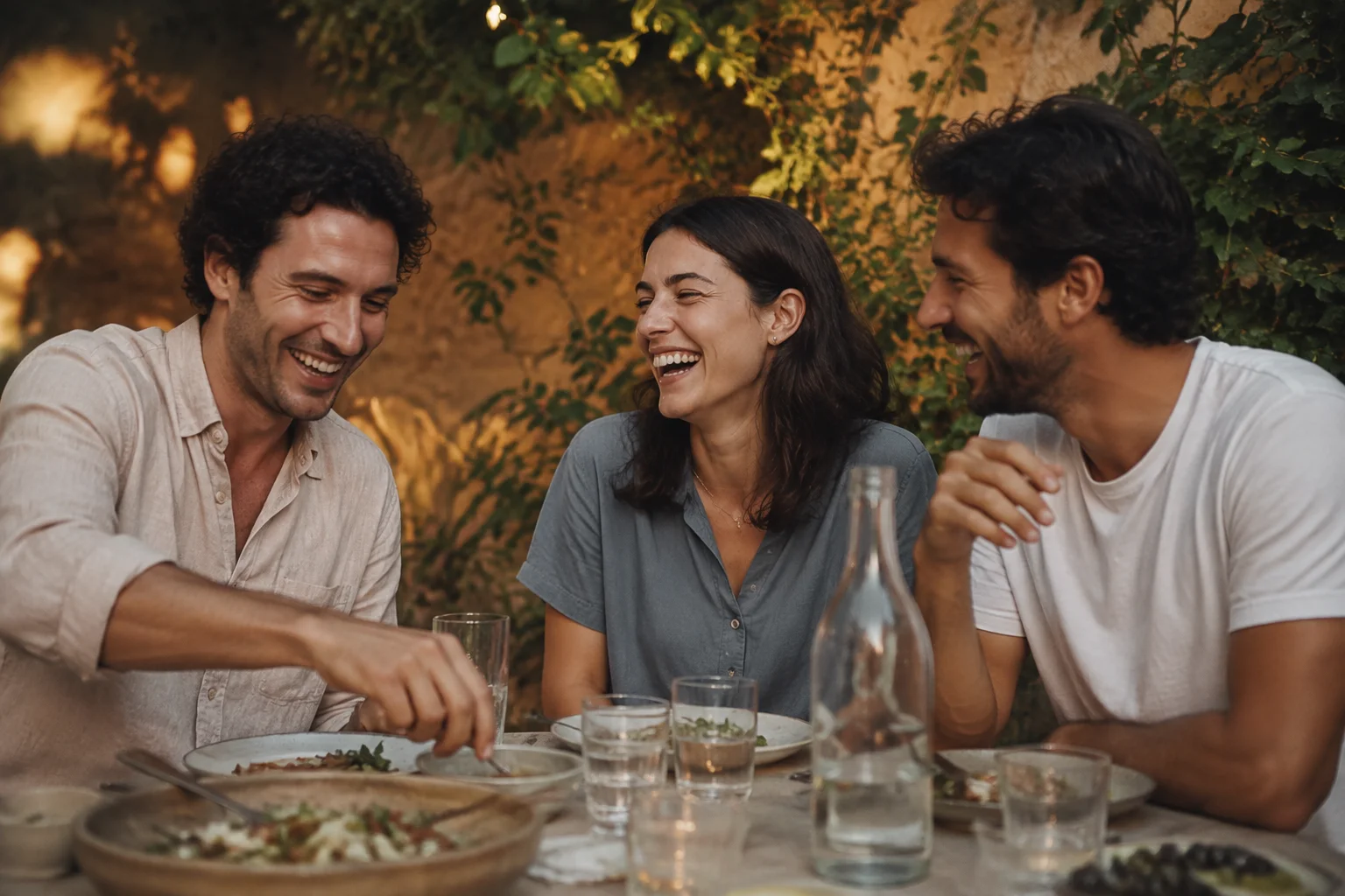 Des amis rient autour d’un dîner en terrasse.