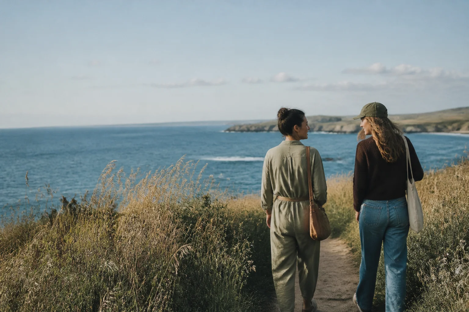 Deux amies marchent sur un sentier au bord de la mer.