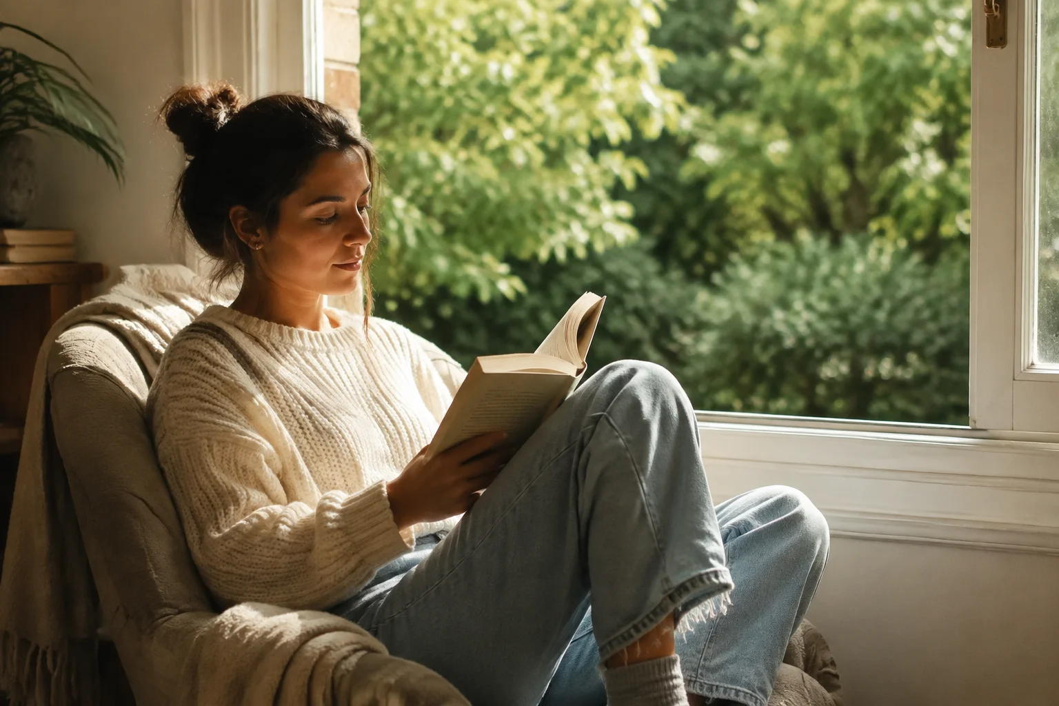 Une femme lit un livre près d’une fenêtre ensoleillée.