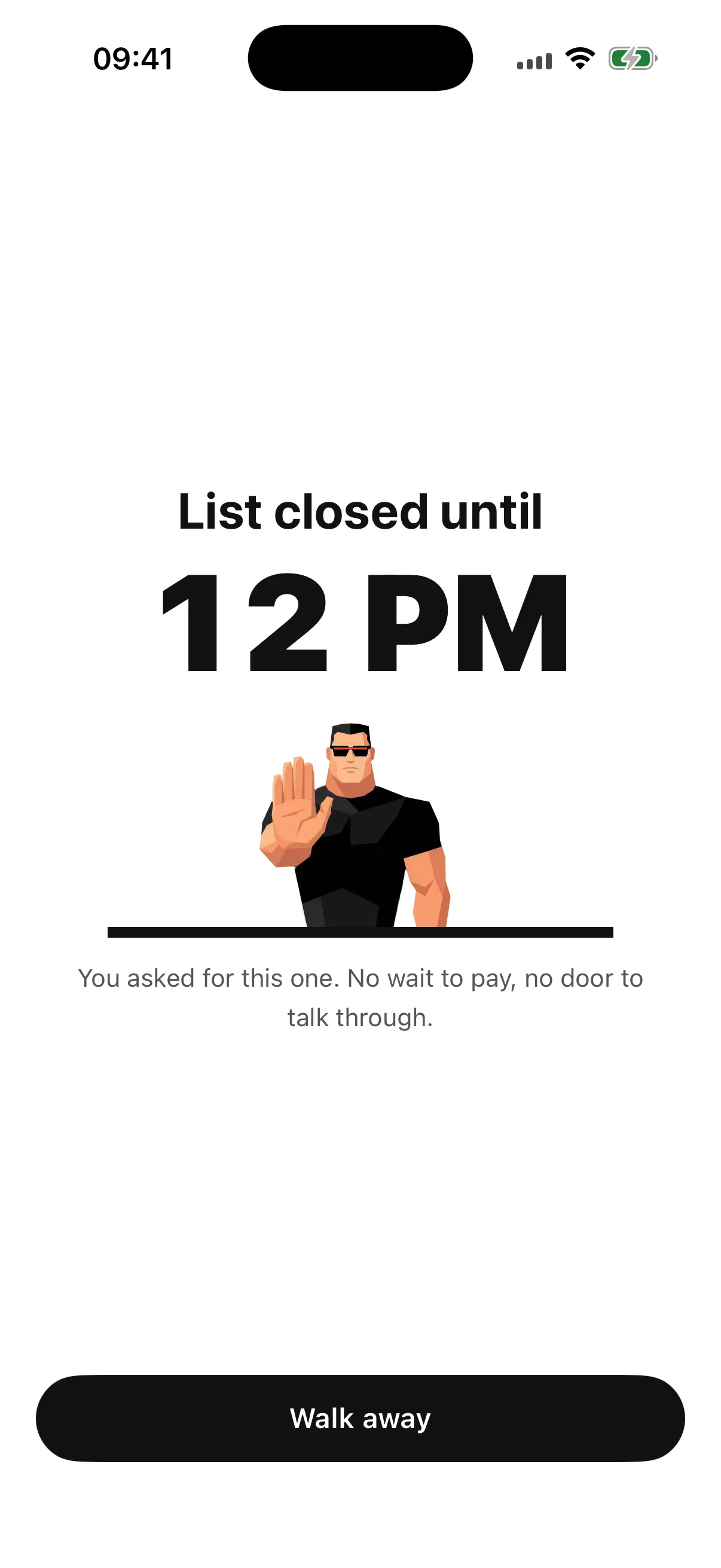 Bouncer Lockdown screen: List closed until 12 PM, with a Walk away button and no unblock option