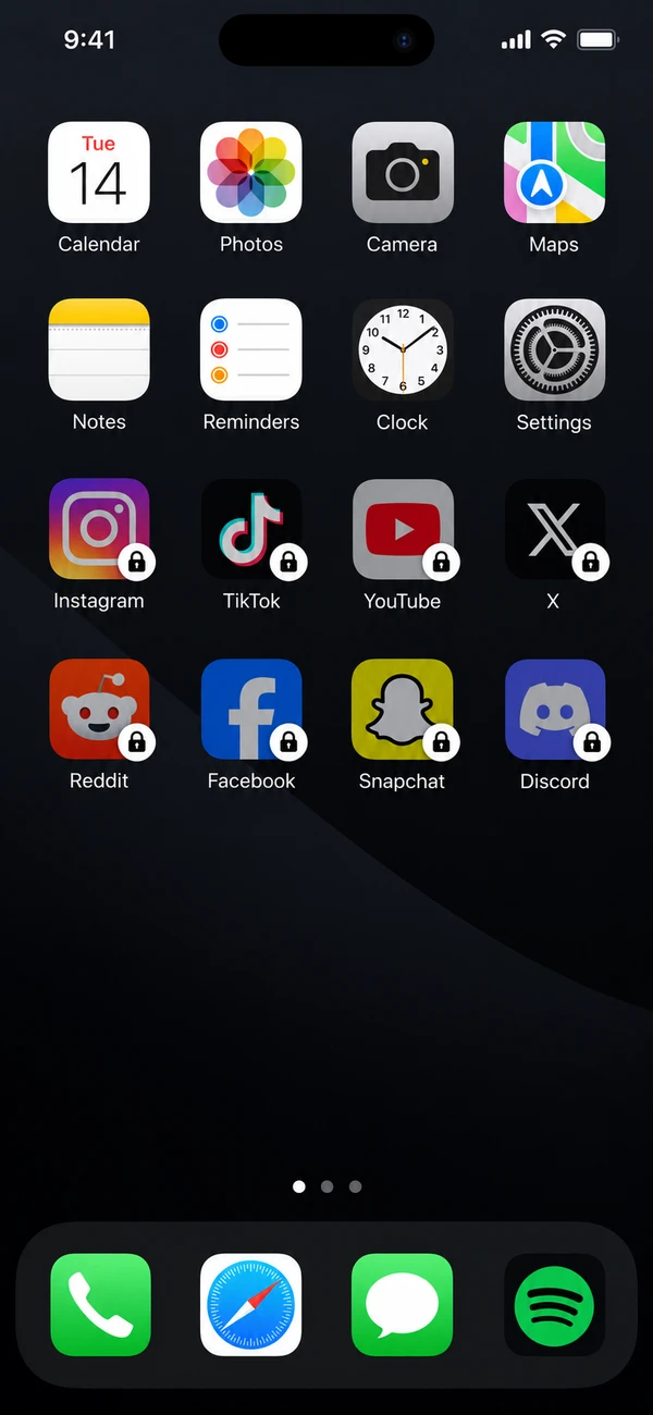 Illustrated iPhone Home Screen with lock badges on social media apps.