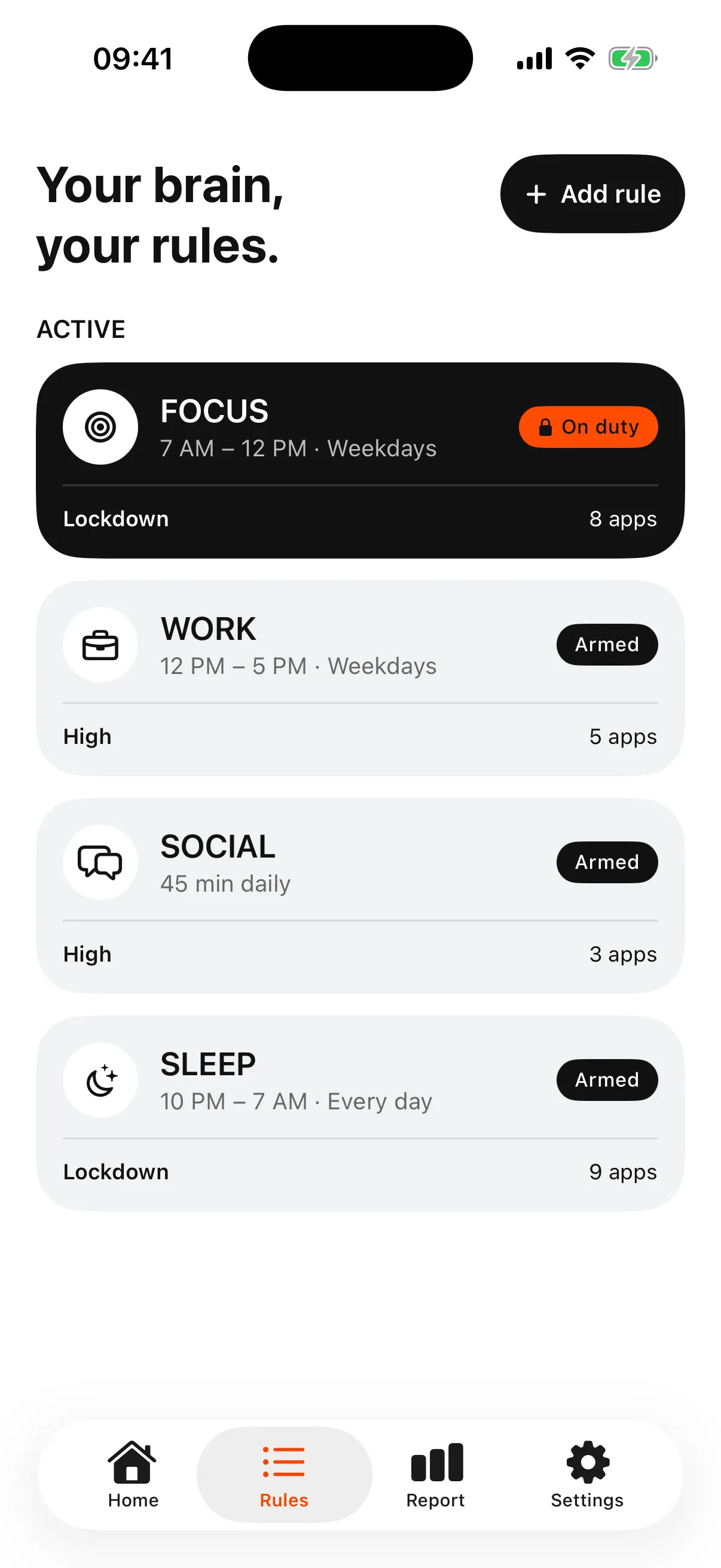Bouncer Rules screen with Focus, Work, Social and Sleep rules, each with its Level and number of apps